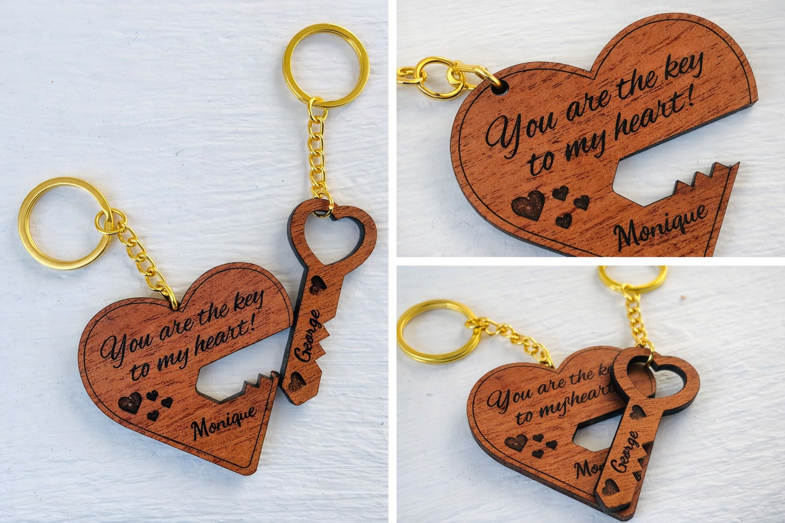 Personalized Heart & Key Wooden Keychain Set